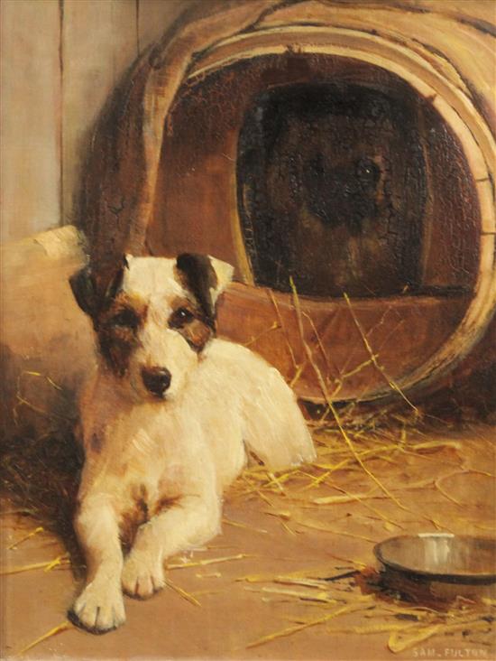 Samuel Fulton (1855-1941) Portrait of a terrier seated beside a barrel 18 x 14in.